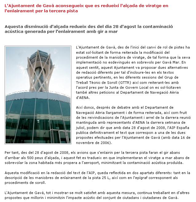 Not&iacute;cia publicada a la web de l'OMSA sobre la millora del gir dels avions per la tercera pista de l'aeroport del Prat (8 de setembre de 2008)